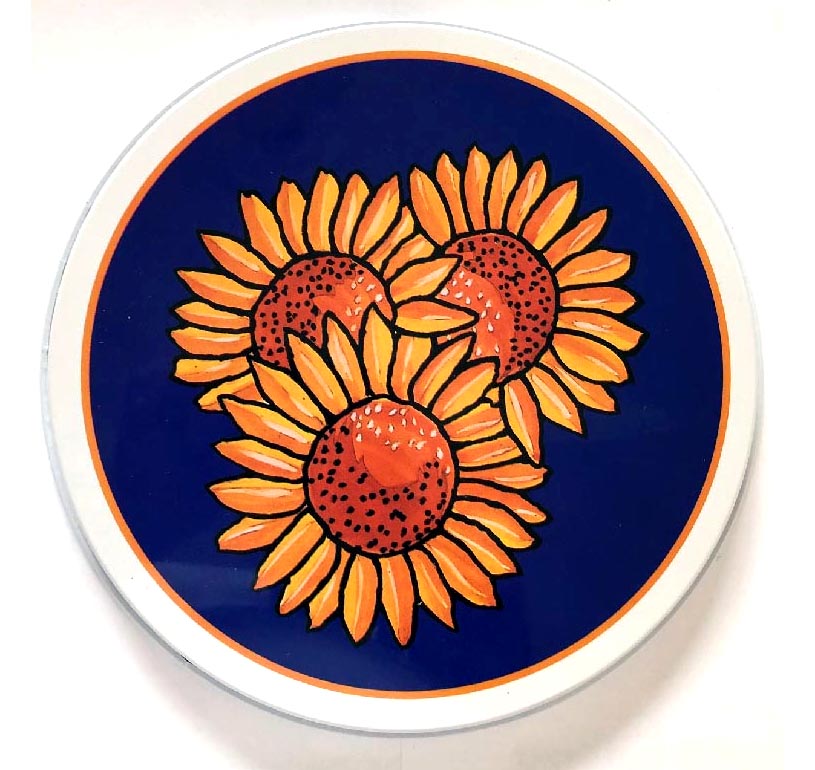! Sunflower on Blue Round Metal Stove Burner Covers ! Sunflower on Blue Round Metal Stove Burner Covers